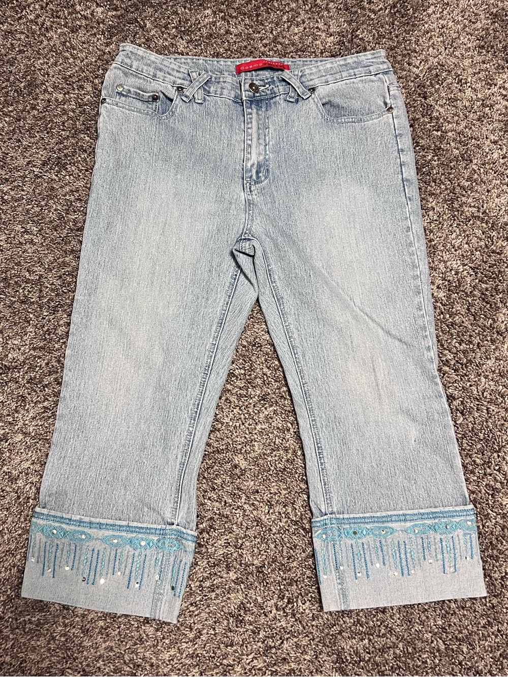 Cosmopolitan Light Blue Cropped Jeans with Beaded Fringe